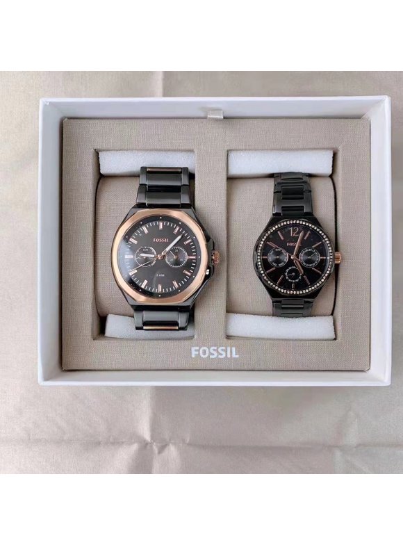 His and Her 22mm Black Stainless Steel Bracelet Wristwatch, Black & Silver [BQ2645SET]