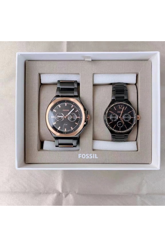 His and Her 22mm Black Stainless Steel Bracelet Wristwatch, Black & Silver [BQ2645SET]