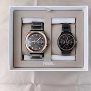 Fossil His and Her 22mm Black Stainless Steel Bracelet Wristwatch, Black & Silver [BQ2645SET]