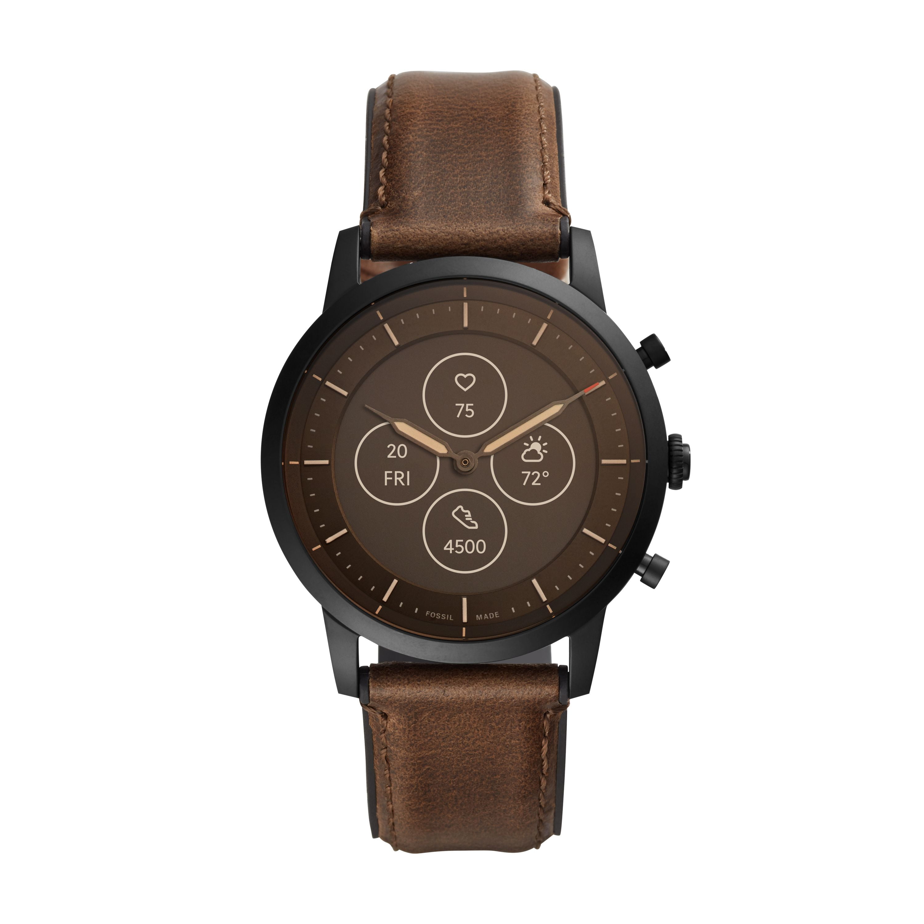 dygtige Diskriminering af køn Interpretive Fossil Men's Collider Hybrid Smartwatch HR Black-Tone Stainless Steel with  Brown Leather Band, FTW7008 - Walmart.com