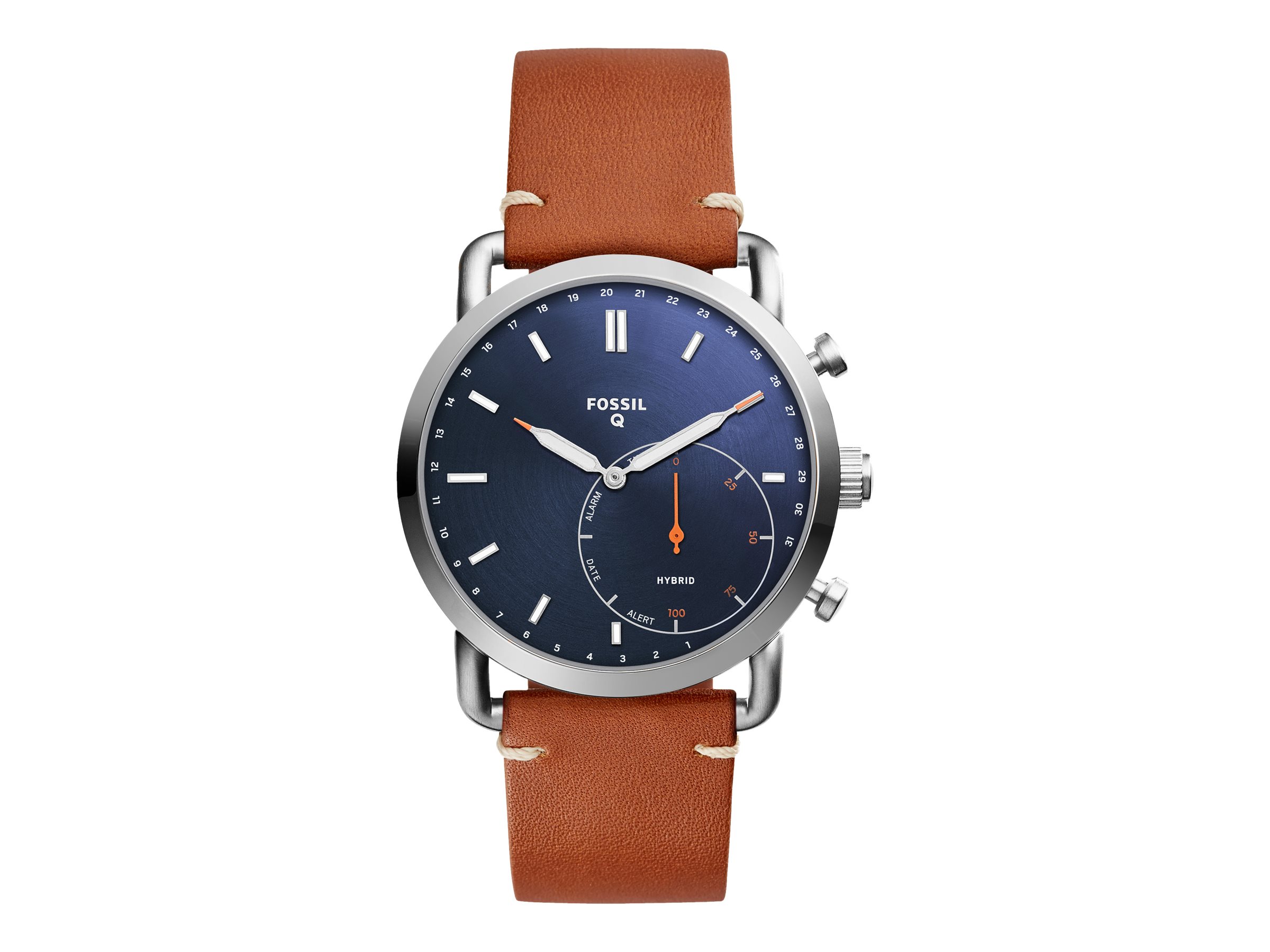 Fossil Q Commuter 42 mm silver smart watch with strap luggage leather brown wrist size up to 7.87 in Bluetooth