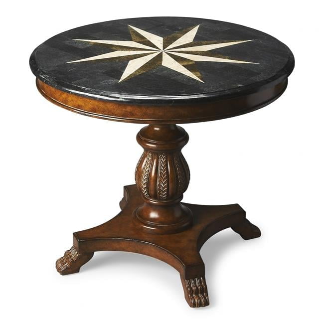 Elegant Andorra Round Fossil Stone and Wood 36" Foyer Table