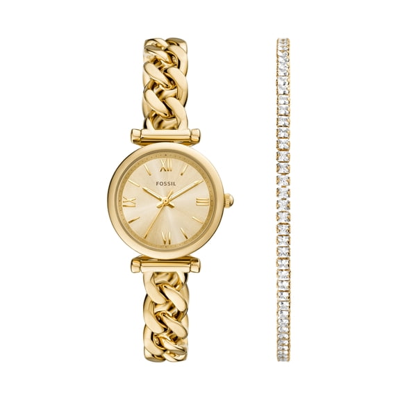 Fossil Women's Carlie Mini Three-Hand, Gold-Tone Stainless Steel Watch and Bracelet Set