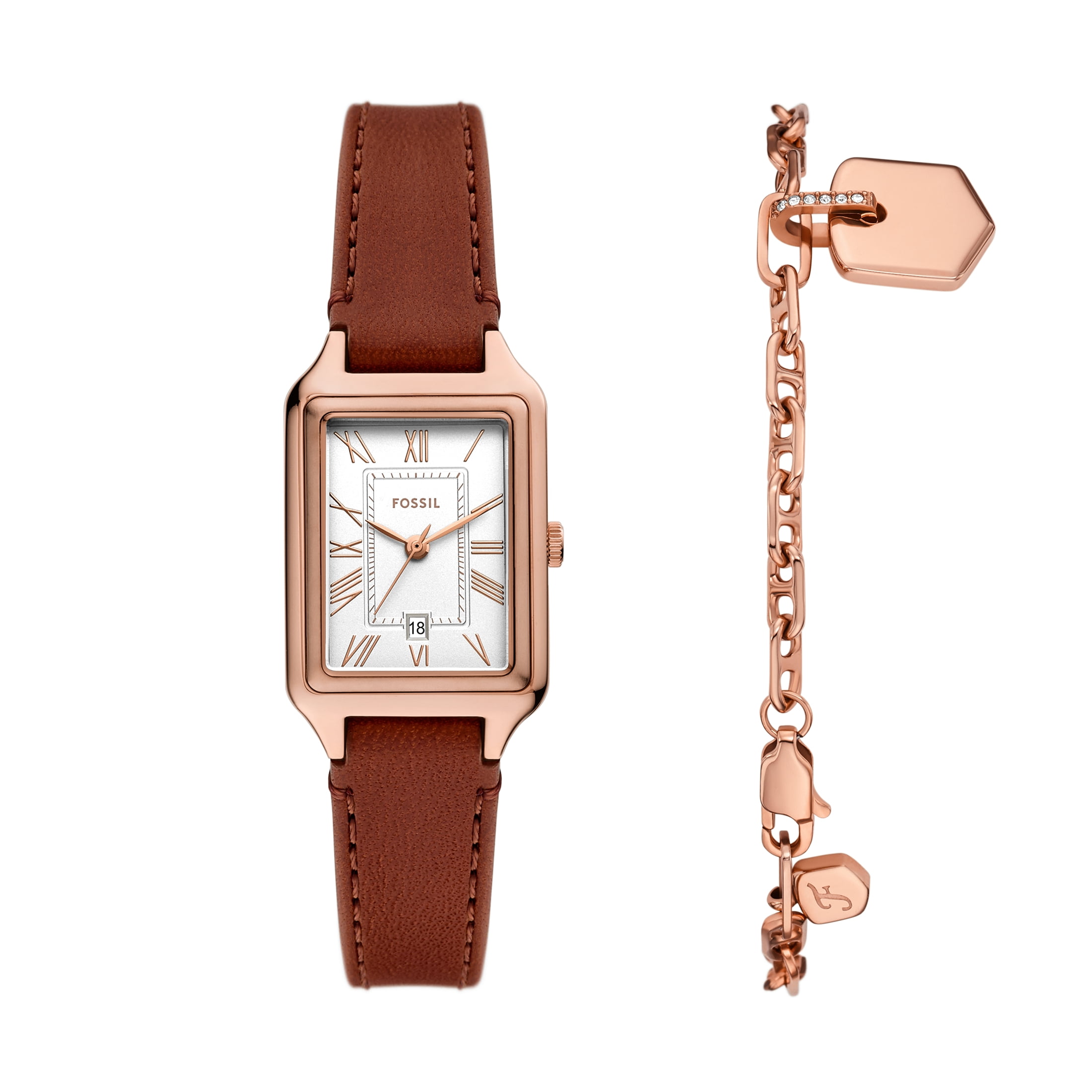 Rose gold leather band fossil watch with bracelet. Fossil Ashtyn Rose Gold Mop Pink Leather BQ3840 Women main image 2