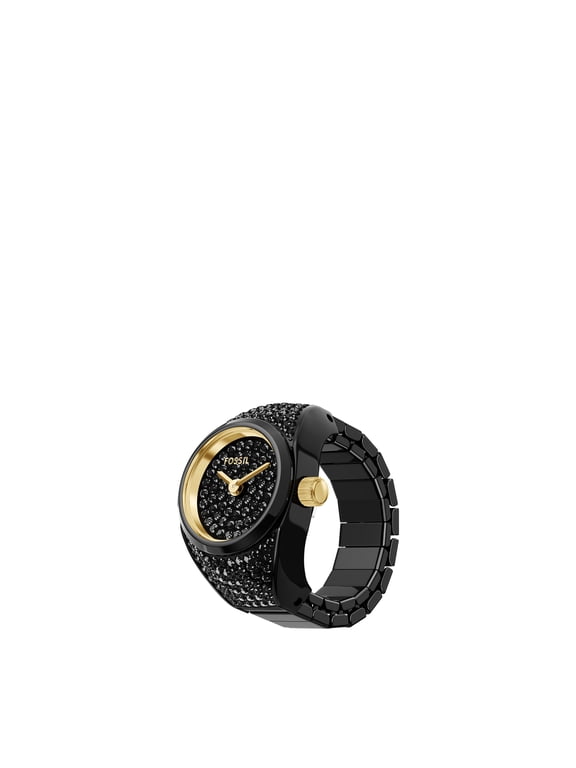 Women's Watch Ring 15mm Two-Hand Pav Black Stainless Steel