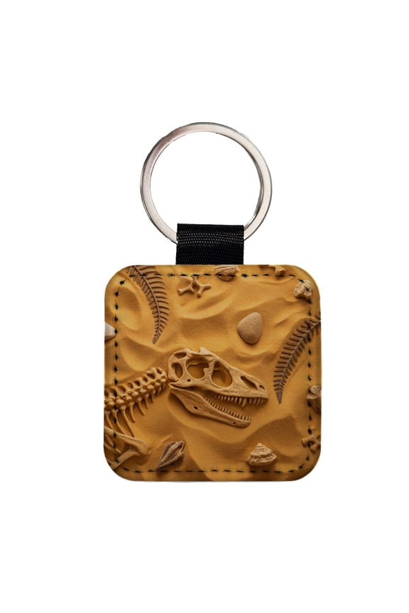 Fossils Dinosaur Bones Scattered On Sand Faux Leather Square Keychain