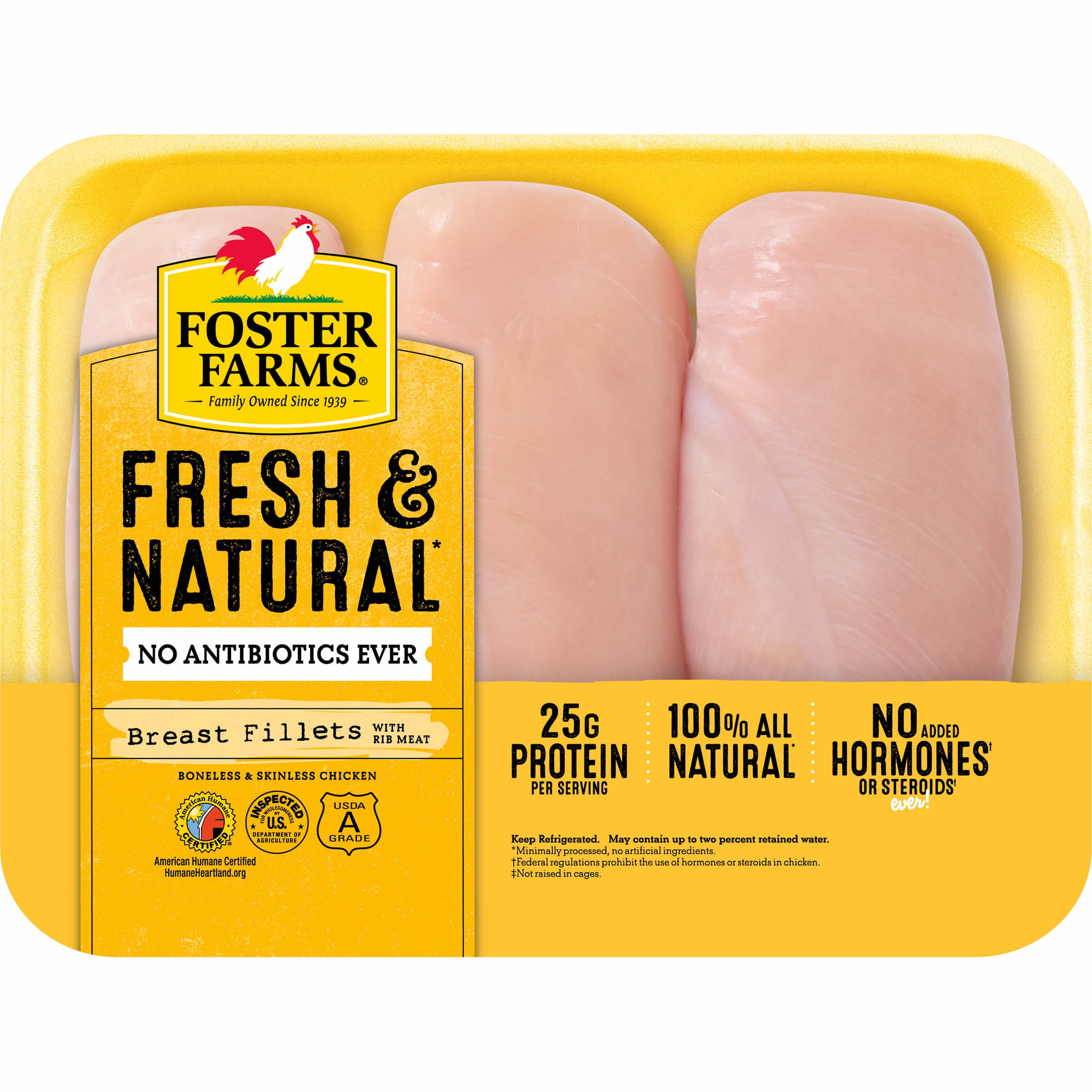 Foster Farms Fresh Boneless Skinless Chicken Breast, 25g Protein per 4 oz Serving, 1.6 - 2.4 lb Tray