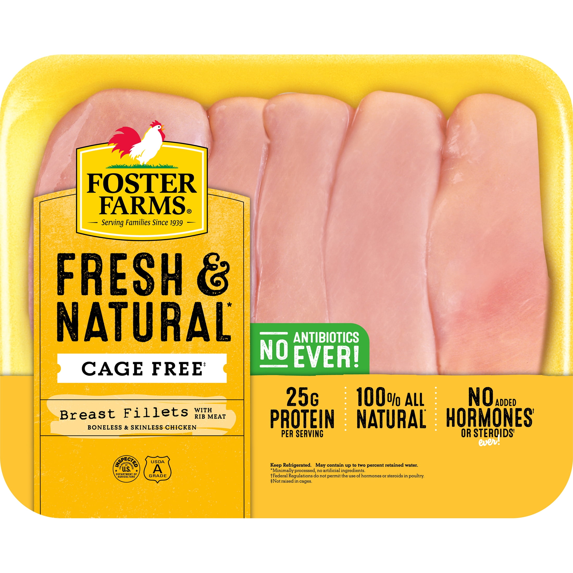 Foster Farms Fresh & Natural Cage Free Boneless Skinless Chicken Breast Fillets, 2.7-3.25 lb