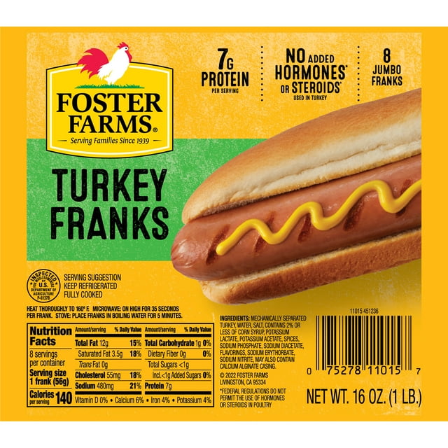 Foster Farms Fully Cooked Jumbo Turkey Franks Hot Dogs, 7 g Protein
