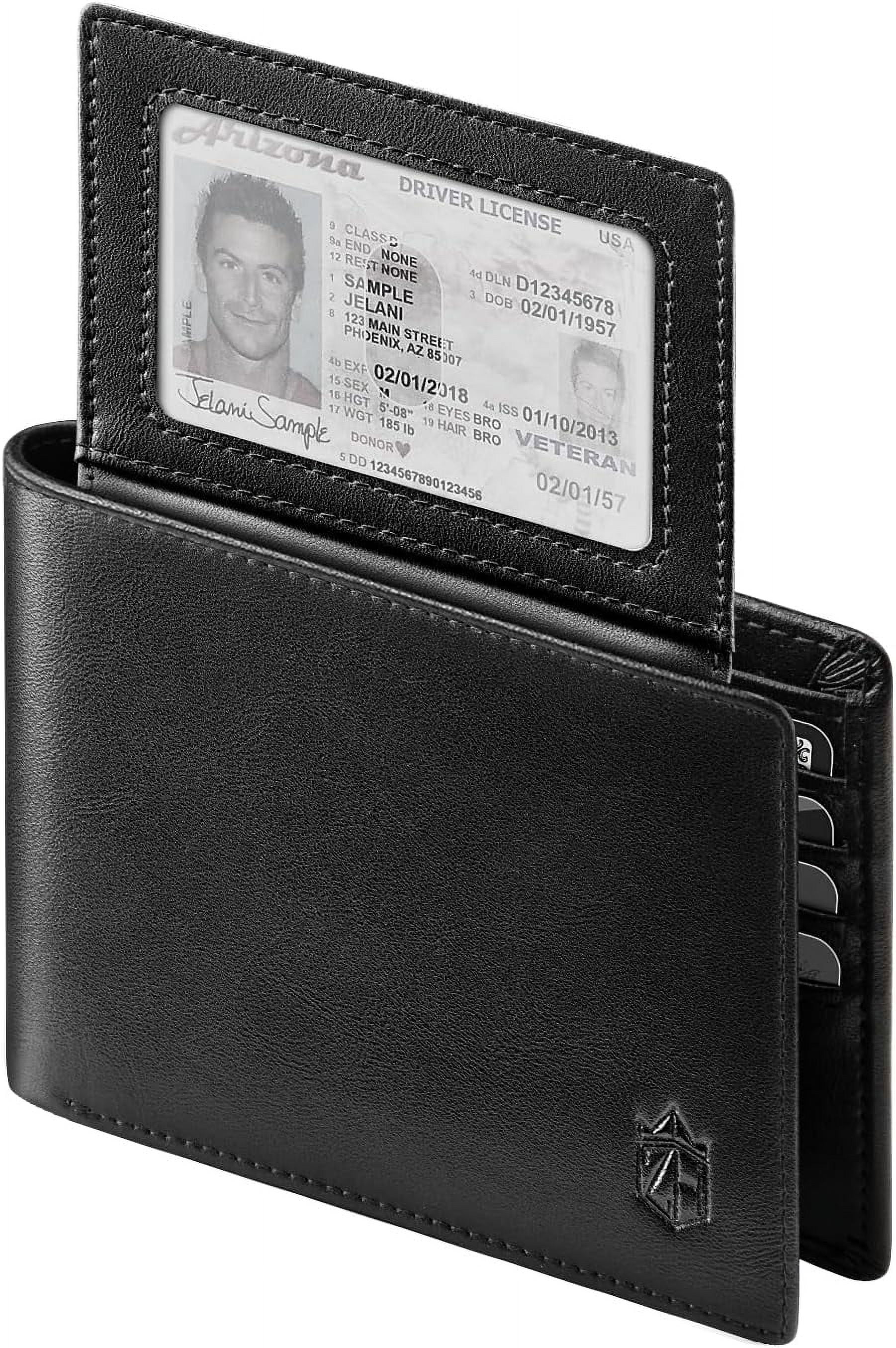 Men's Slim RFID Blocking Leather Bifold Wallet, Holds 12 Cards, 2 ID Windows, Cash Slot, Minimalist Front Pocket Design