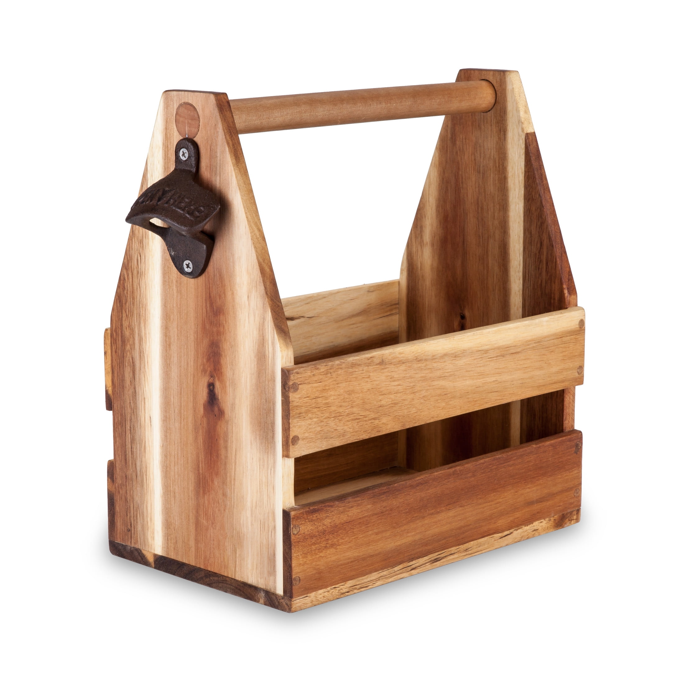 Acacia Wood and Cast Iron 6-Pack Beer Carrier with Built-In Bottle Opener