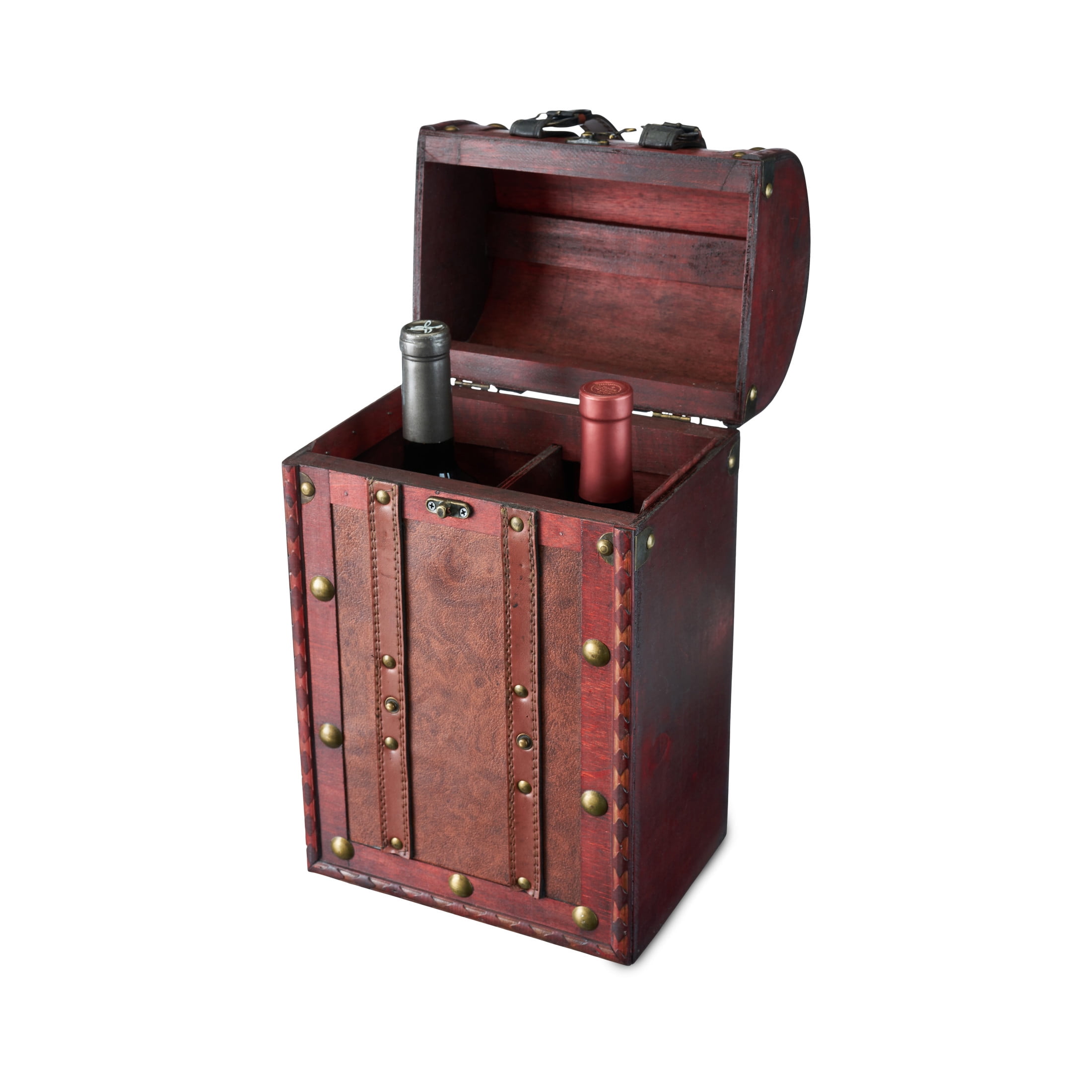 Antique Red Faux Leather and Wood Wine Box with Brass Accents
