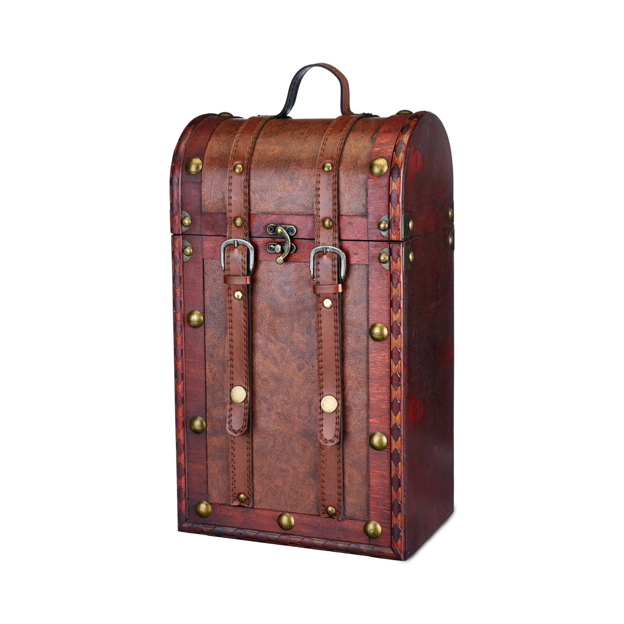 Antique Red Faux Leather and Wood Wine Box with Brass Accents