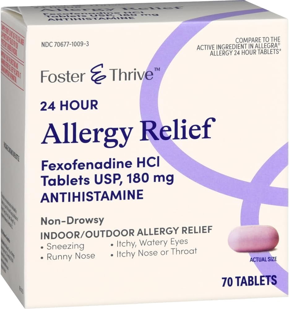 Foster & Thrive 24 Hour Allergy Relief, Non-Drowsy, All Day Rellief of Indoor & Outdoor Allergies, Fexofenadine Hydrochloride 70 Tablets, 180 mg Expire 8/2025