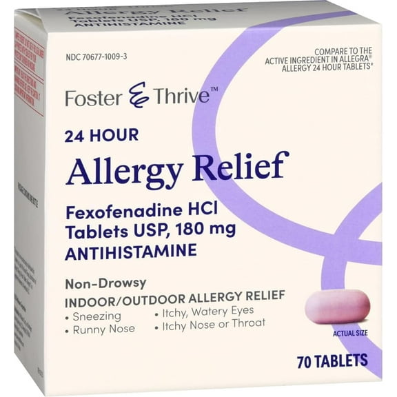 Foster & Thrive 24 Hour Allergy Relief, Non-Drowsy, All Day Rellief of Indoor & Outdoor Allergies, Fexofenadine Hydrochloride 70 Tablets, 180 mg Expire 8/2025