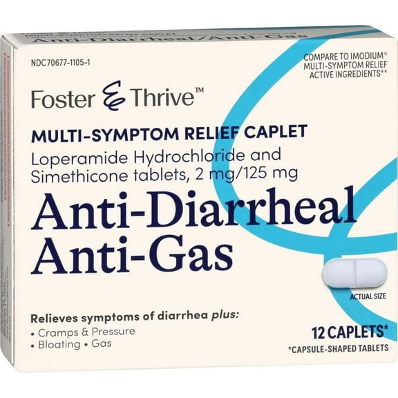 Foster & Thrive Anti-Diarrheal Anti-Gas Multi-Symptom Relief Caplets with Loperamide Hydrochloride and Simethicone, Treatment of Diarrhea, Gas, Bloating, Cramps & Pressure 12 Count Caplets