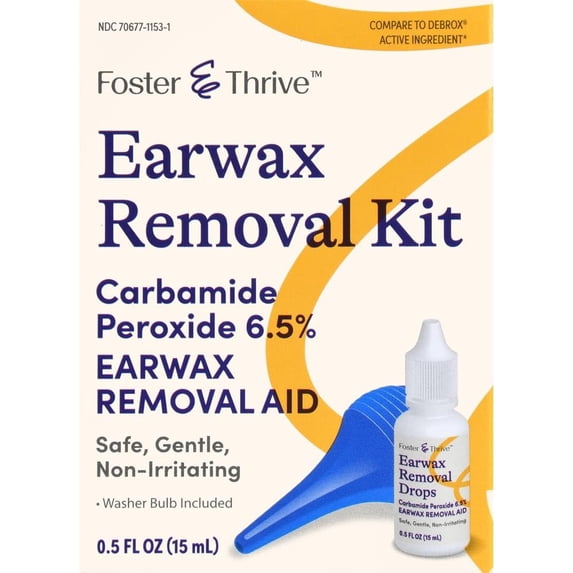 Foster & Thrive Earwax Removal Kit, Softens & Loosens Excess Earwax, Carbamide Peroxide 6.5%, Includes Drops and Ear Syringe Bulb, 0.5 oz.
