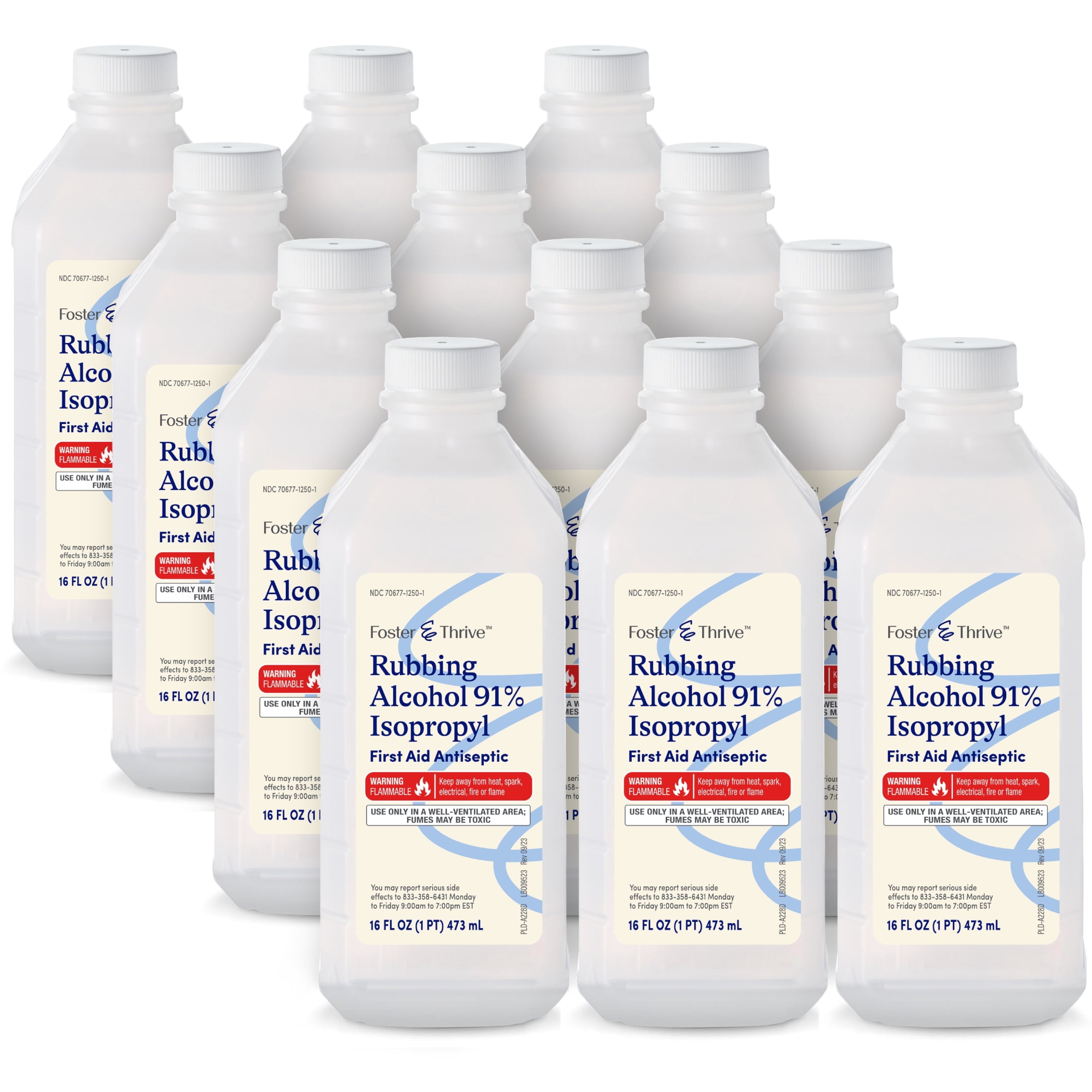 Foster & Thrive Rubbing Alcohol - 91% Isopropyl Alcohol, Concentrated First Aid Antiseptic - Safe and Effective - Liquid Solution for Treatment of Minor Cuts, Scrapes and Burns (16 Fl. oz) Pack of 12