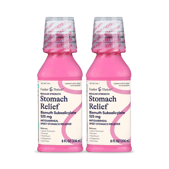 Foster & Thrive Stomach Relief Liquid for Nausea, Heartburn, Indigestion, Upset Stomach, Diarrhea - Fast Relief for 5 Symptoms, Antidiarrheal, Bismuth Subsalicylate 525 mg, Original, 8 oz (Pack of 2)