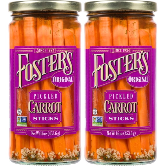 Foster's Pickled Carrots in a Jar, Original, 16oz, 2 Pack, Traditional Pickled Carrot Sticks Recipe for over 40 years, Low Calorie Snack, Gluten Free, Fat and Preservative Free