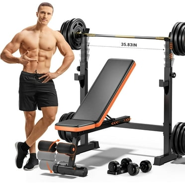 Fostoy 770lbs Weight Bench, Bench Press Rack with Squat Rack, Adjustable Workout Bench for Home Gym, Olympic Weight Benches with Removable Foot Catch, Full Body Incline Bench for Weight Lifting