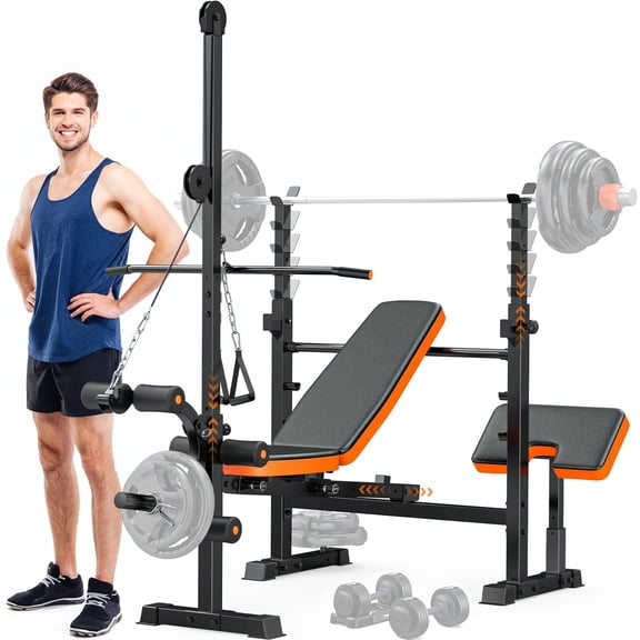 Fostoy 8 in 1 Weight Bench Set with LAT Pulldow, Bench Press Rack with Leg Extension/Curl and Preacher Curl, Olympic Weight Benches for Home Gym Full-Body Adjustable Strength Training Equipment