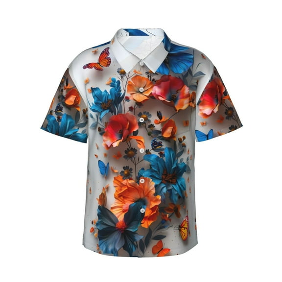 Fotbe 3D Butterfly Hawaiian Shirt for Men Unisex Summer Beach Casual Short Sleeve Cotton Linen Button Down Shirts-3X-Large