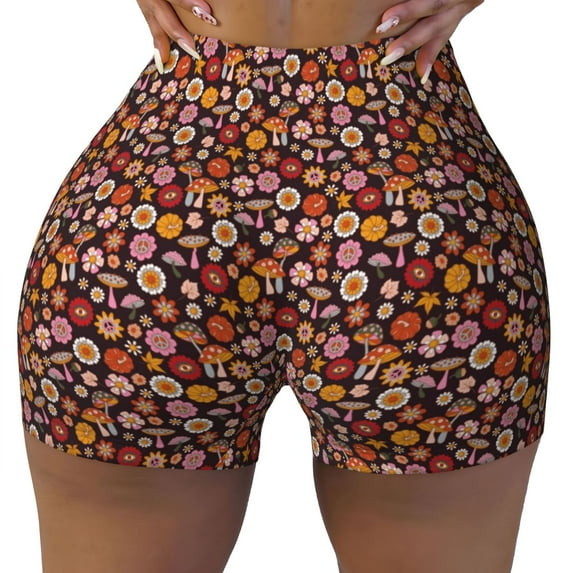 Fotbe 70s Groovy Hippie Retro Seamless Shorts, Womens Workout Shorts High Waist Stretch Booty Short for Gym/Yoga/Running/Biking-Small
