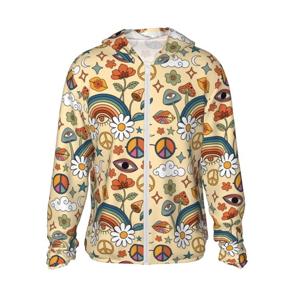 Fotbe 70s Hippie Style Men's Women's UPF 50+ Sun Protection Jacket Hooded Cooling Shirt with Pockets Hiking Outdoor Performance-Large