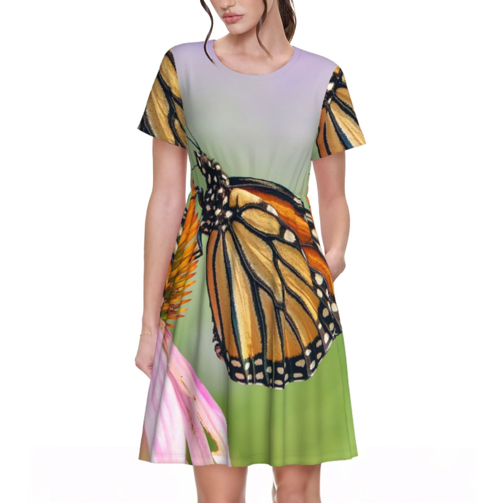 Stars And Stripes Butterfly Print Short Sleeve V Neck Maxi Dress