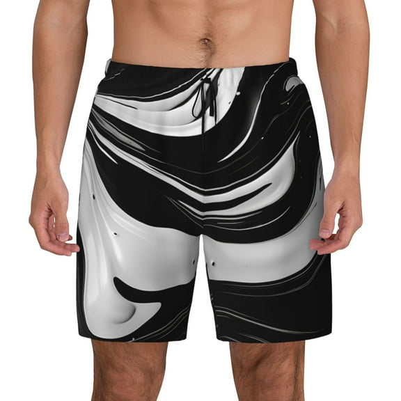 Fotbe Abstract Black White Swirls Men’s Swim Trunks Quick Dry Swim Shorts Board Shorts with Mesh Lining-Small