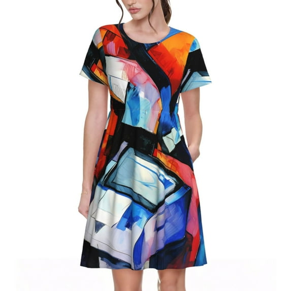 Fotbe Abstract Cubist Printer Pattern Dress Casual Womens Fashion Short Sleeve Maxi Dress T Shirt Dress Striped Long Color Block Maxi Dress