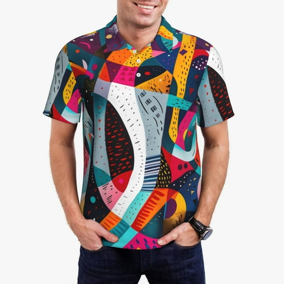 Fotbe Abstract Jazz Instrumental Pattern Men’s Golf Polo Shirt – Breathable Performance Golf Shirt with Button-Down Collar-4X-Large