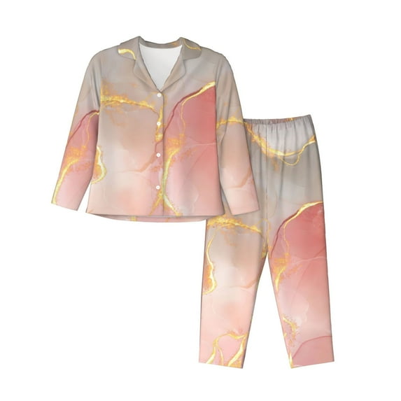 Fotbe Abstract Marble Texture Pattern Long Sleeve Pajama Set for Women,Sleepwear Set,2-piece Loungewear Set,Soft PJs Comfy Nightwear with Pockets -X-Large