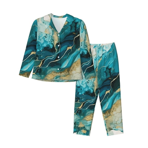 Fotbe Abstract Ocean Currents Pattern Long Sleeve Pajama Set for Women,Sleepwear Set,2-piece Loungewear Set,Soft PJs Comfy Nightwear with Pockets -Large