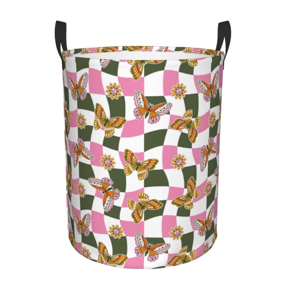Fotbe Abstract Pink Plaid Butterfly Pattern Laundry Basket with Handles, Waterproof Large Laundry Hamper, Wash Bag for Corner Dorm, Rolling Laundry Basket with Handles-Small
