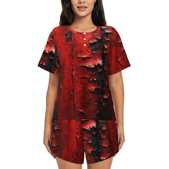 Fotbe Abstract Red Textured Canvas Print Pajama Set for Women 2 Piece Loungewear Short Sleeve Tops and Shorts Set Soft Sleepwear-XX-Large
