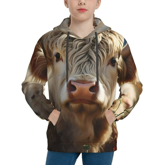 Fotbe Adorable Flower Field Cow Pattern Youth Pullover Hooded Sweatshirt, Boys Hoodie, Kangaroo Pocket Hoodie for Kids Girls -Medium
