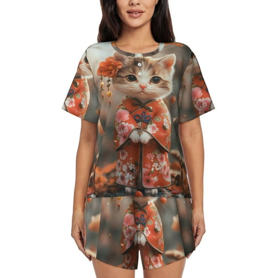 Fotbe Adorable Kitten In Kimono Print Pajama Set for Women 2 Piece Loungewear Short Sleeve Tops and Shorts Set Soft Sleepwear-XX-Large