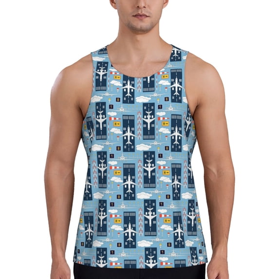 Fotbe Airplanes and Aviation Signs Pattern Men's Quick Dry Workout Tank Top Gym Muscle Tee Fitness Bodybuilding Sleeveless T Shirt Breathable Workout Shirt-3X-Large