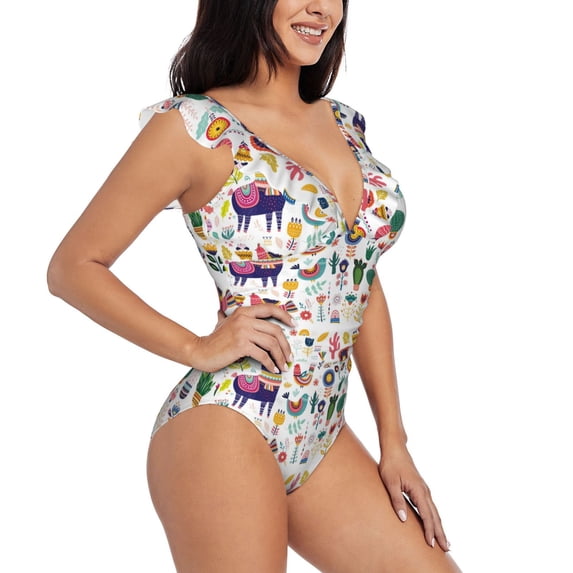 Fotbe Alpaca Flower Women's Tummy Control Swimsuits Slimming One Piece Bathing Suit Ruffle Wrap V Neck Swimwear-