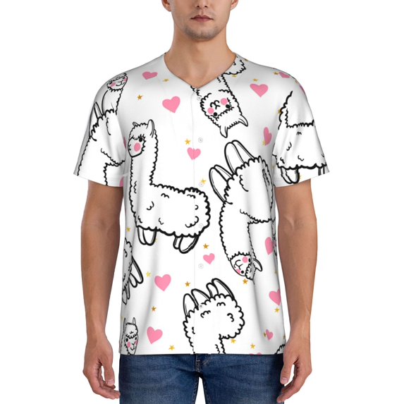 Fotbe Alpacas and Hearts Baseball Jersey Shirt for Men and Women, Casual Short Sleeves Button Down T-Shirt-3X-Large
