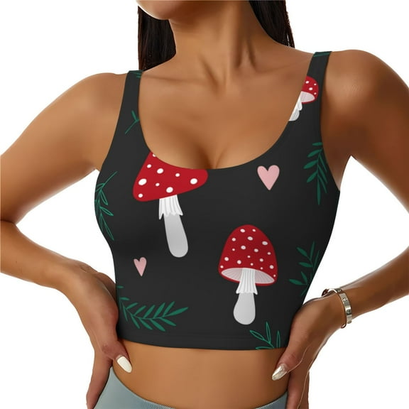 Fotbe Amanita Mushroom Pattern Womens' Sports Bra Longline Wirefree Padded with Medium Support Sports Moisture-Wicking Workou Vest,Tank Top-Small