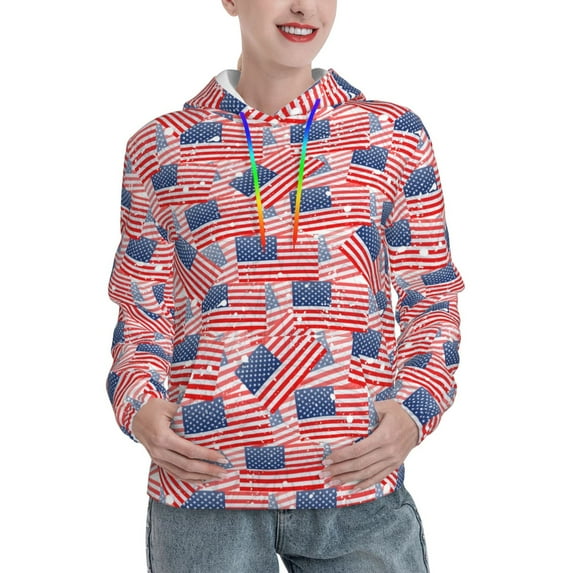 Fotbe America Flags Pattern Womens Long Sleeve Hoodie, Pullover Hooded Sweatshirt, Kangaroo Pocket Hoodie with Eye-catching Drawstrings-Large