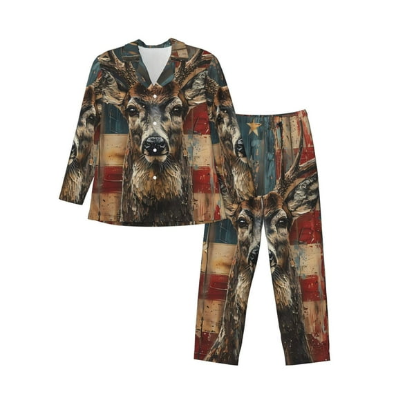 Fotbe American Flag Deer Art Pattern Long Sleeve Pajama Set for Men,Sleepwear Set,2-piece Loungewear Set,Soft PJs Comfy Nightwear with Pockets-Small