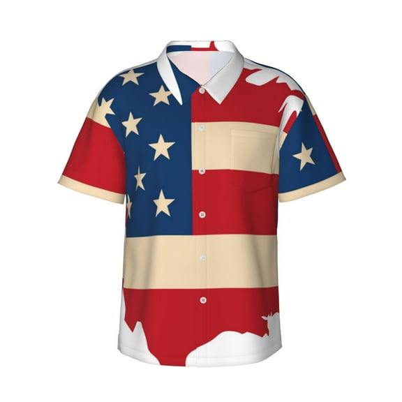 Fotbe American Flag Map Hawaiian Shirt for Men Unisex Summer Beach Casual Short Sleeve Cotton Linen Button Down Shirts-X-Large