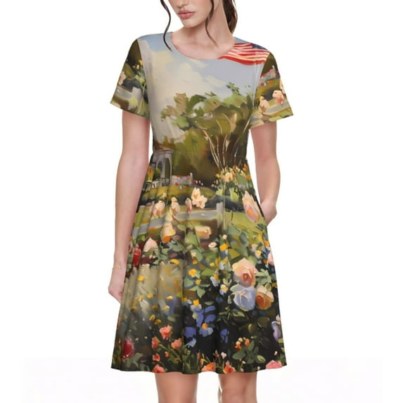 Fotbe American Flag Rose Garden Pattern Dress Casual Womens Fashion Short Sleeve Maxi Dress T Shirt Dress Striped Long Color Block Maxi Dress