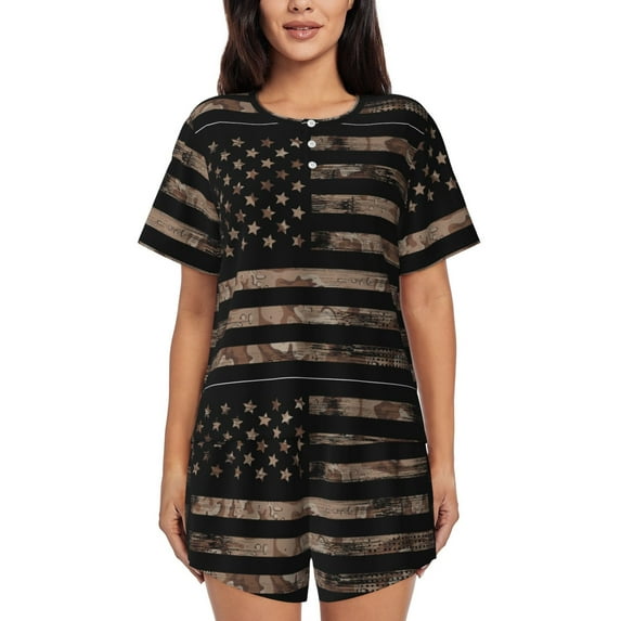 Fotbe American Flag with Desert Camouflage Print Pajama Set for Women 2 Piece Loungewear Short Sleeve Tops and Shorts Set Soft Sleepwear-4X-Large