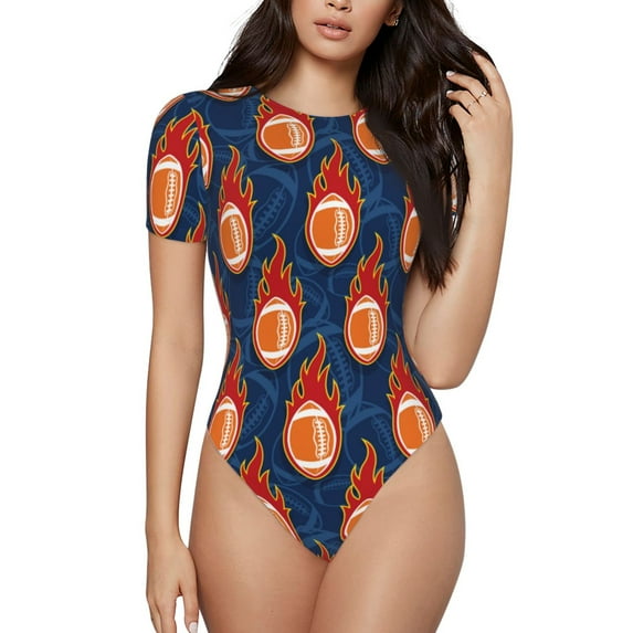Fotbe American Football and Fire Flames Women's Crew Neck Short Sleeves Bodysuit Tops Round Neck Slim Sleeveless Soft Comfortable Basic-X-Large