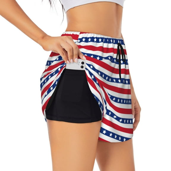 Fotbe American Patriotic Stars And Stripes Womens High Waist Running Shorts Athletic Workout Quick Dry Shorts for Women with Pockets Gym Yoga Summer Shorts-Small